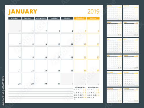 Calendar planner template for 2019 year. Week starts on Monday. Vector illustration