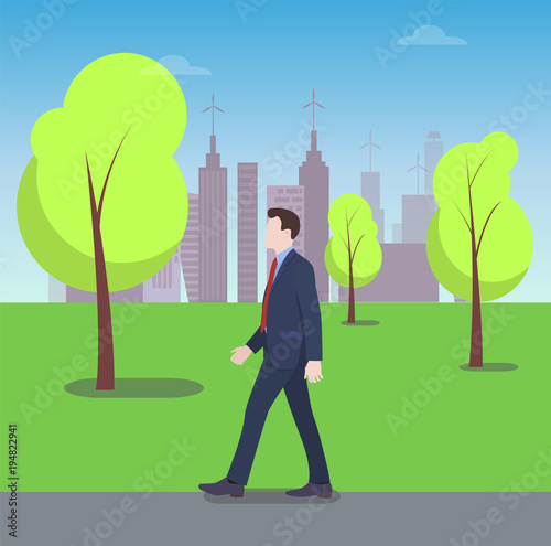 Businessman Walking in City Park, Colorful Banner