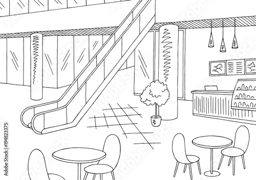 Mall cafe graphic black white interior sketch illustration vector