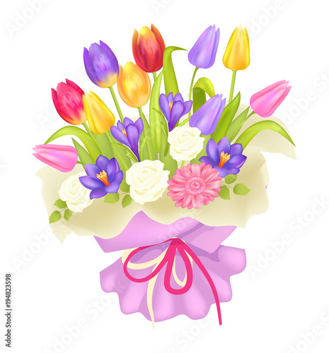 Bouquet of Flowers in Decor Wrapping Tulips Crocus