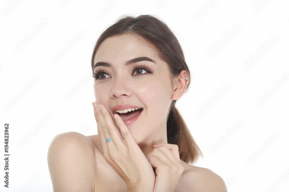 Charming beautiful face woman with perfect skin portrait present skincare concept, beauty spa and cosmetics image two hand touch face skin with treatment cream gel. Charming beautiful face woman with perfect skin portrait present skincare concept, beauty spa and cosmetics image two hand touch face skin with treatment cream gel.