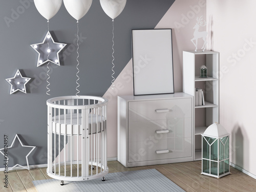 Round crid in child room with poster mockup 3d rendering photo