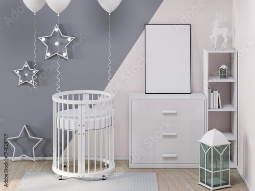 Round crid in child room with poster mockup 3d rendering