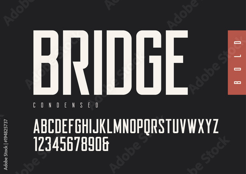 Condensed bold retro sans serif. Vector typefaces, uppercase alp