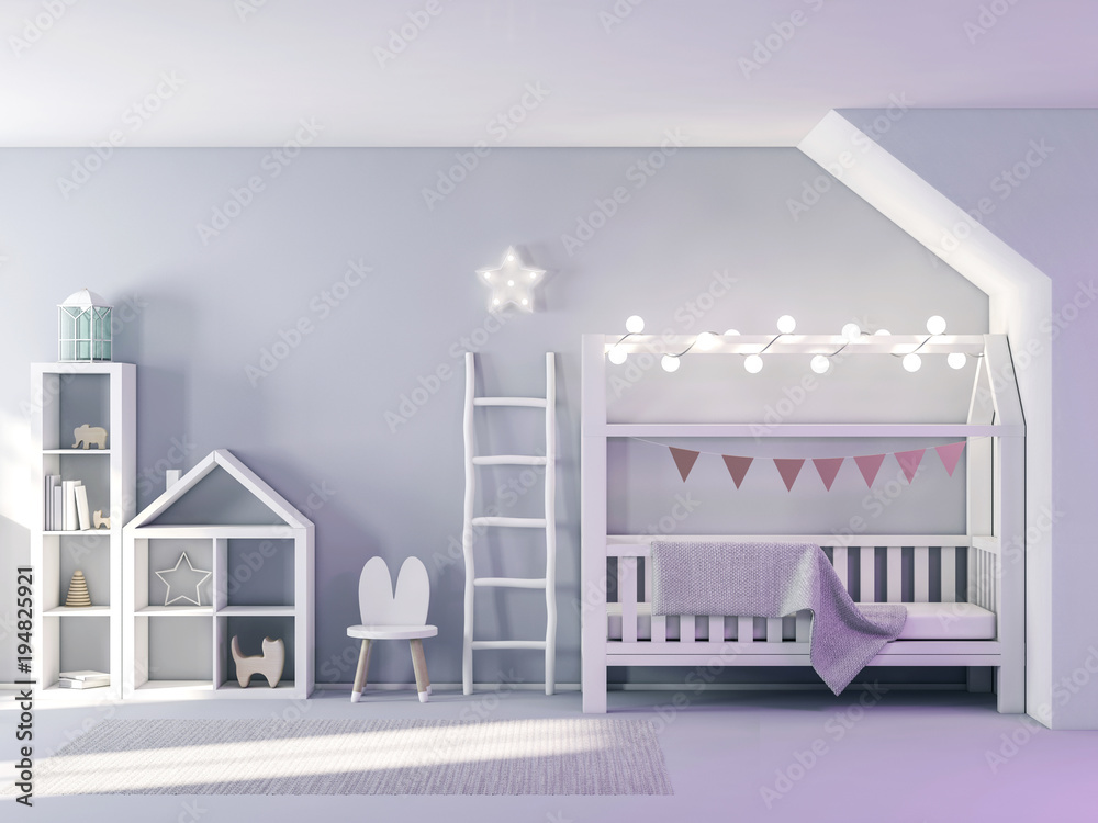 Stylish modern new child bedroom 3d rendering