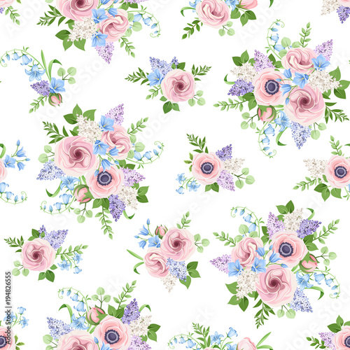 Vector seamless pattern with pink, blue and purple flowers on a white background.
