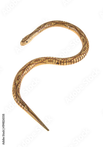 wooden toy snake on white isolated background