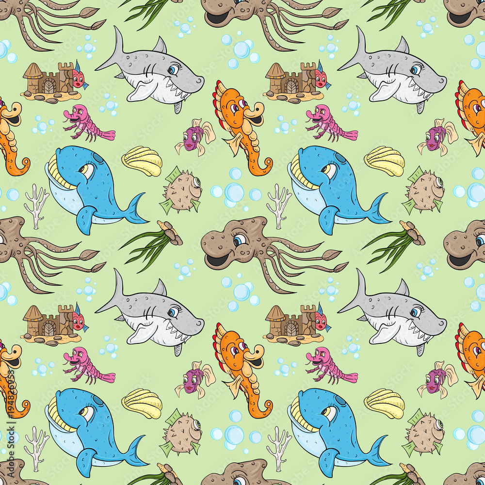 seamless pattern illustration of underwater fish and water inhabitants, underwater world, green background seamless pattern illustration of underwater fish and water inhabitants, underwater world, green background
