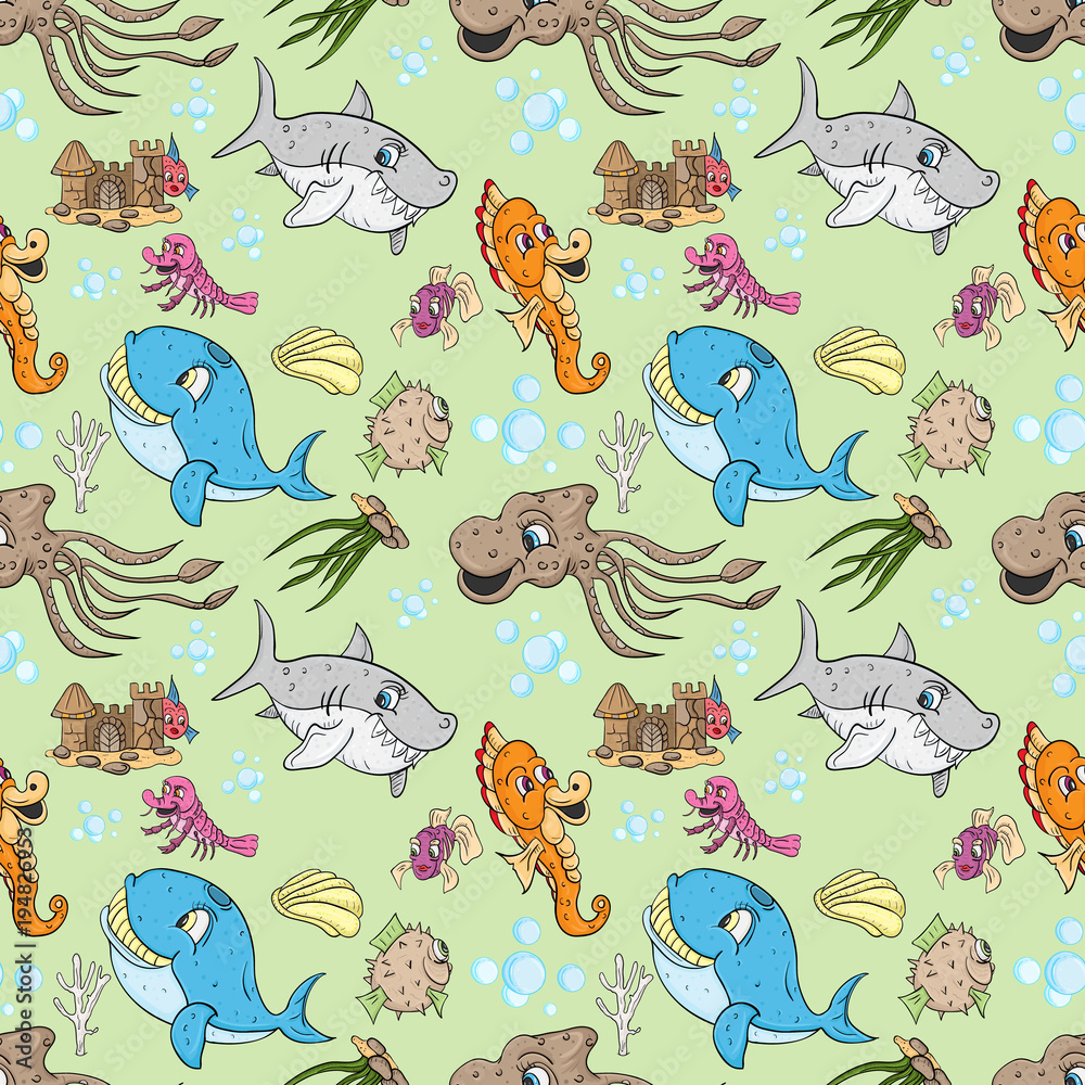 seamless pattern illustration of underwater fish and water inhabitants, underwater world, green background