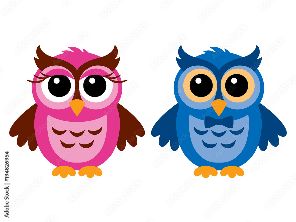 Fototapeta premium Funny owls, girl and boy, vector illustration, isolated on white.
