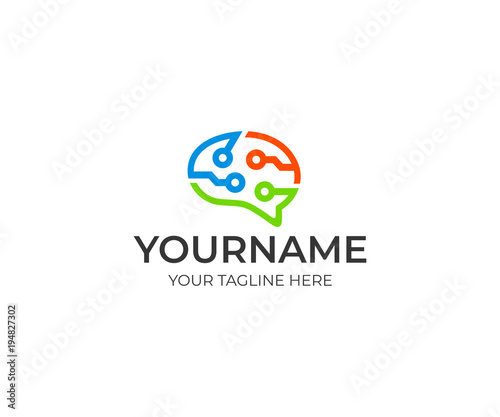 Brain circuit technology colorful logo template. Artificial intelligence and thinking brain concept vector design. Brainstorm power and think idea illustration