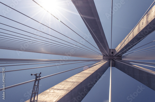 Cable stayed bridge. Architectural detail of the iconic Rio Antirio Bridge - Patras Greece. Inside view. photo