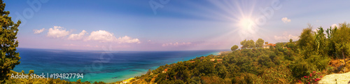 Panoramic view from Zakynthos island - Greece. Beautiful nature with sun, sea and mountains in a panoramic view from Zakynthos.