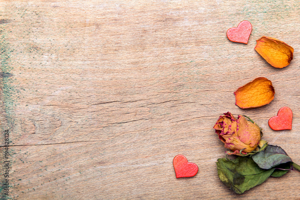 Fototapeta premium Dried orange roses on old wooden background, copy space