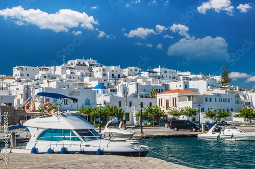NAOUSA TOWN, PAROS ISLAND, GREECE, JULY 2017: Naoussa village in the island of Paros, Cyclades is one of the most beautiful summer destinations in Geeece