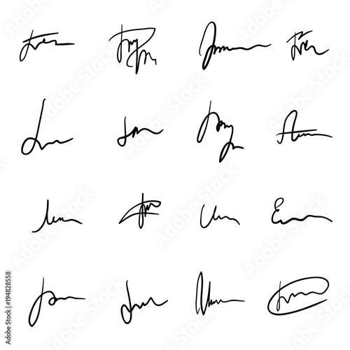 Set of unique black hand drawn sprawling signatures. Authentic-looking vector handwritten autographs collection for business documentation design photo