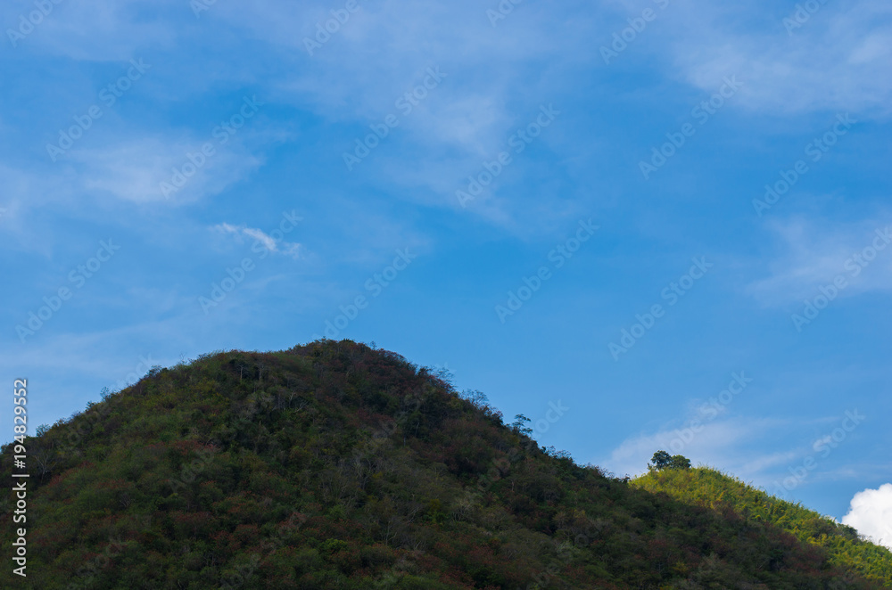 Mountains in the forest with blue sky and clouds background