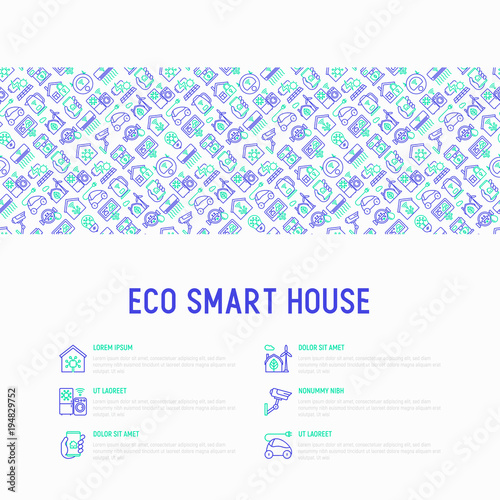 Eco smart house concept with thin line icons: solar battery, security, light settings, appliances, artificial intelligence, mobile app control. Energy saving and new technologies vector illustration