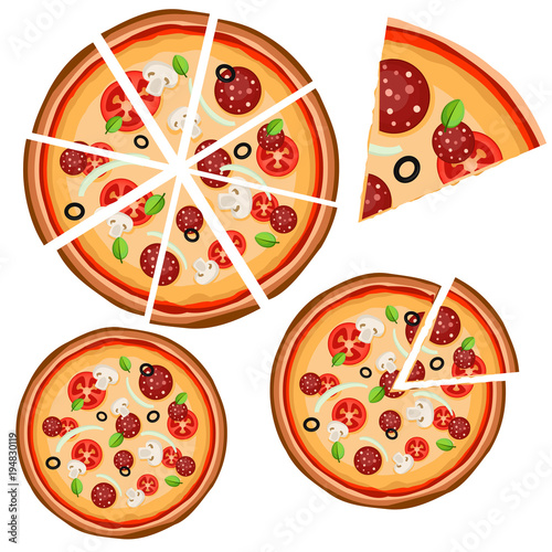 Set of icons with pizza (whole and pieces) on a white background.