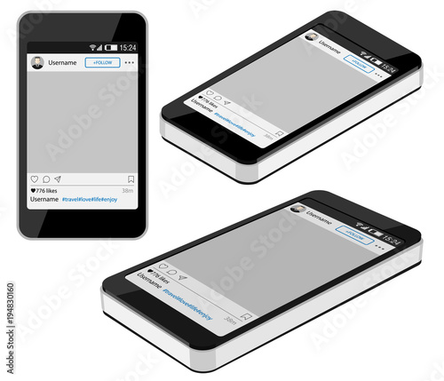 Smartphone is in three different positions (frontal, isometric and perspective) with a social network photo frame on a white background. Decorative template framework.