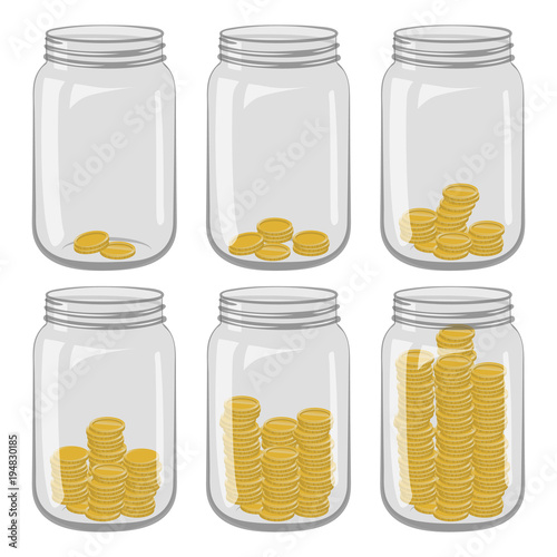 Six glass jars with different number of coins inside on a white background. Save money in banks.