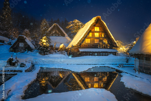 Beautiful scene of world heritage village of Shirakawago during light up night, Japan
