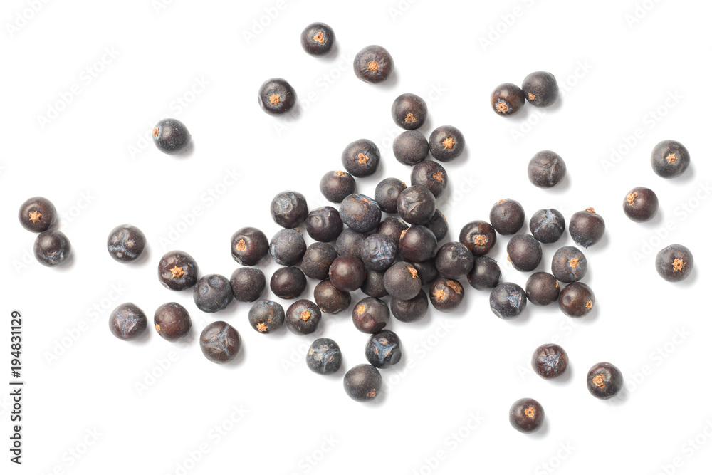 dried juniper berries isolated on white, top view dried juniper berries isolated on white, top view