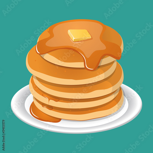 Vector illustration. Fresh tasty hot pancakes with sweet maple syrup. Cartoon icon isolated on background. Vintage restaurant sign.