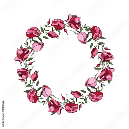 Vector round wreath of roses. Greeting card background for Valentine's day, birthday, mother's day, wedding. Vector