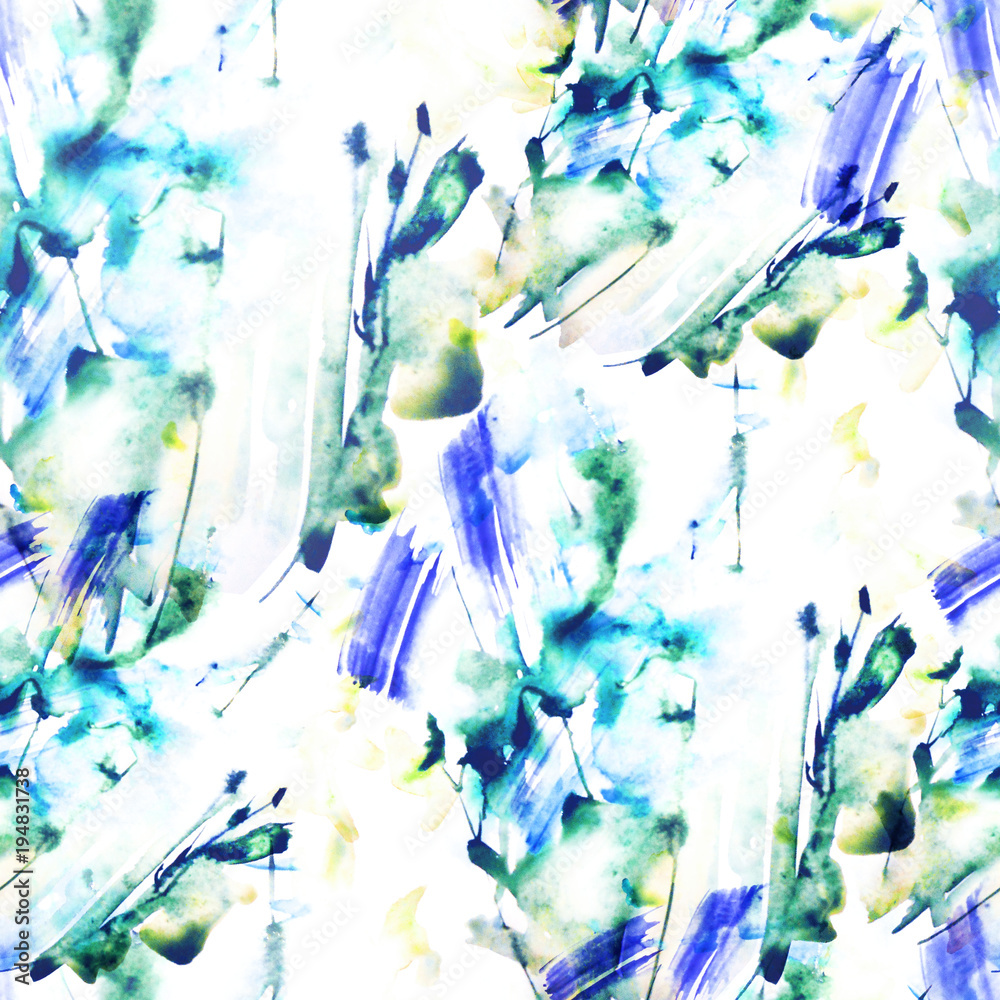 Obraz Akwarela bezszwowe tło. Akwarela streszczenie miejscu, splash farby, zmaza, rozwód, kolor. Vintage wzór dla różnych konstrukcji. zielony, niebieski kolor farby. Abstrakcjonistyczna roślina, kwiat, gałąź, badyl.