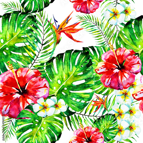 beautiful red flowers ,palm leaves, watercolor on a white © aboard