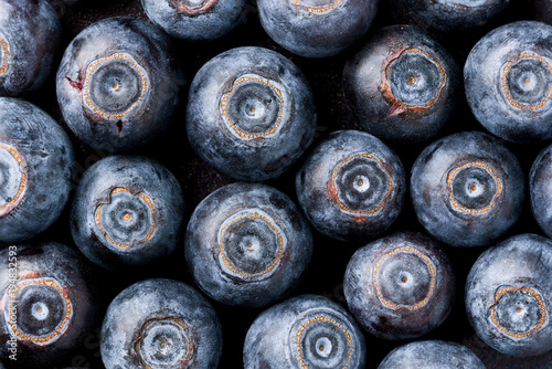 Blueberry’s macro closeup black background top view