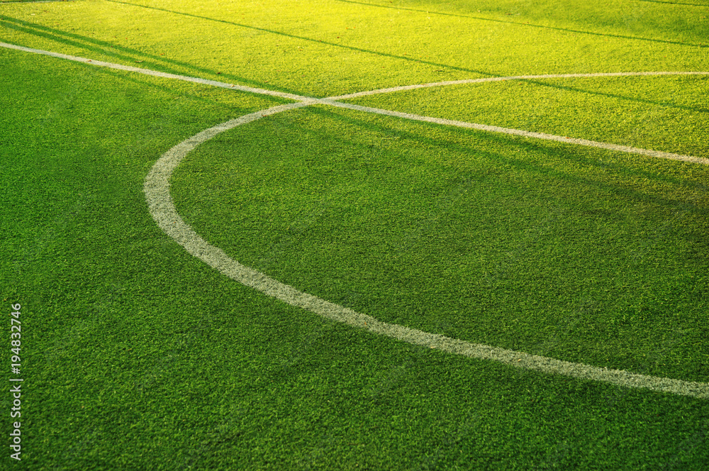 white circle line on green grass of football of soccer sport field background - obrazy, fototapety, plakaty 