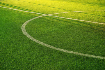 white circle line on green grass of football of soccer sport field background