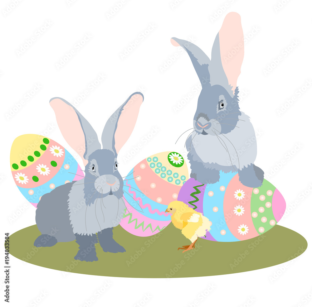 Fototapeta premium Happy Easter rabbits and chickens with Easter egg