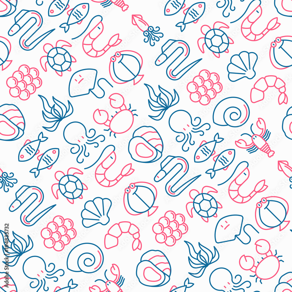 Seafood seamless pattern with thin line icons: lobster, fish, shrimp, octopus, oyster, eel, seaweed, crab, ramp, turtle. Modern vector illustration for restaurant menu.