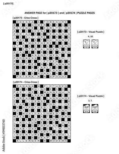 Answer page for previous puzzle pages p20173 and p20174 with two games on each page: 19x19 fill-in crossword puzzle and visual puzzle with whimsical faces. Black and white, A4 or letter sized. 
