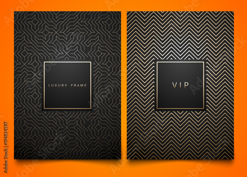 Vector set black packaging templates with different golden linear geometric pattern texture for luxury product. Trendy design for logo. Square frame.