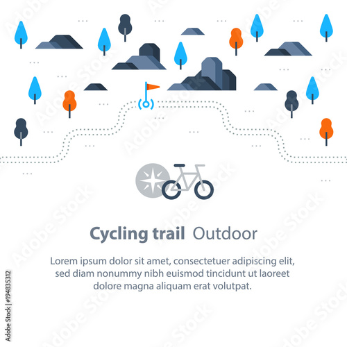 Trail map with flag, outdoor biking, cycling route, countryside landscape, sport activity, vector bicycle icon