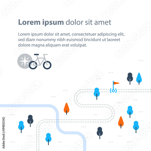 Trail map with flag, outdoor biking, cycling route, countryside landscape, sport activity, vector bicycle icon