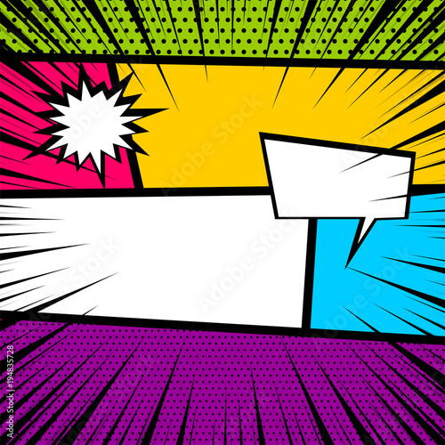 Pop art comics book magazine cover template. Cartoon funny vintage strip comic superhero, text speech bubble balloon, box message, burst bomb. Vector colored halftone illustration. Blank humor graphic