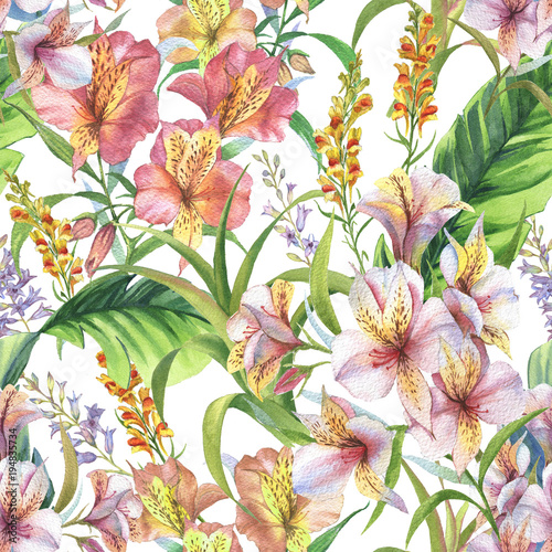 Hand drawn colorful seamless pattern with watercolor banana leaves, exotic plants and alstroemeria flowers. Summer repeated background photo