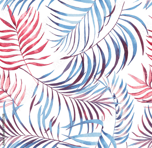Tapety Ręcznie rysowane kolorowy wzór z liści palmowych akwarela. Rośliny egzotyczne. Lato powtarzające się tło