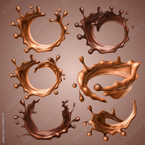 Set of realistic splashes and drops of melted milk and dark chocolate. Dynamic circle splashes of whirl liquid chocolate, hot coffee, cocoa. Design elements for packaging. Vector 3d illustration.
