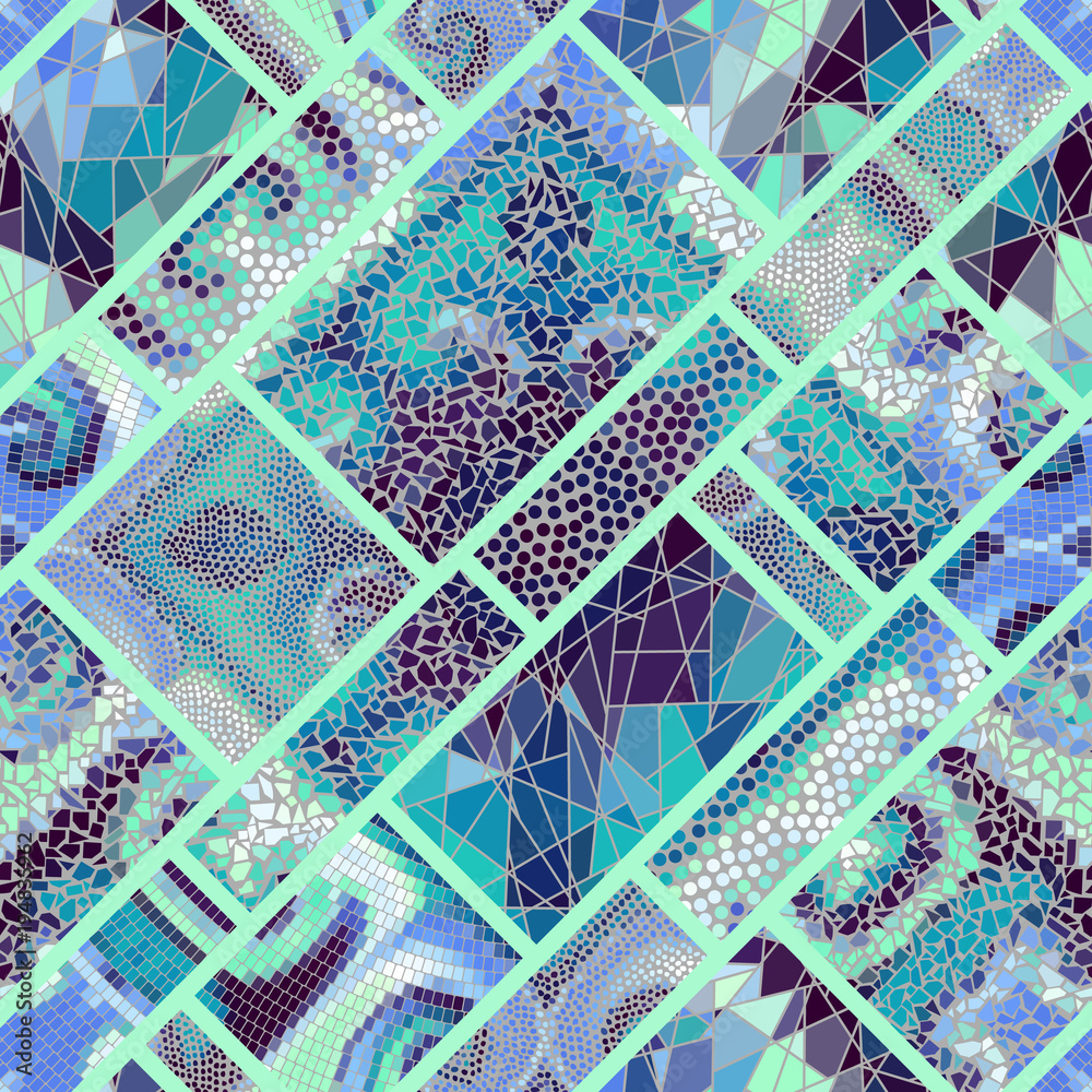 Seamless background pattern. Mosaic art pattern of rectangles of different tile textures. Vector image. Seamless background pattern. Mosaic art pattern of rectangles of different tile textures. Vector image.