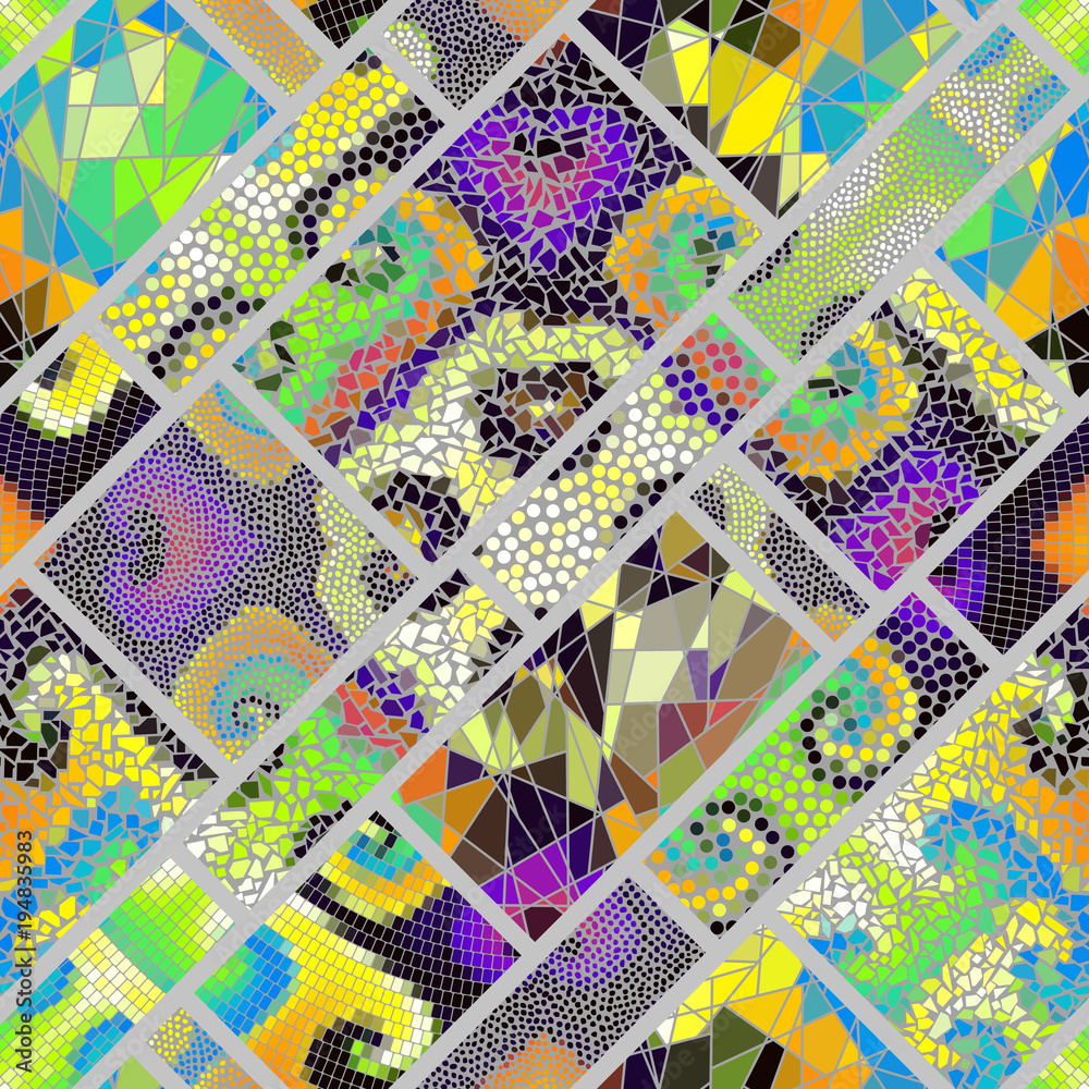 Seamless background pattern. Mosaic art pattern of rectangles of different tile textures. Vector image. Seamless background pattern. Mosaic art pattern of rectangles of different tile textures. Vector image.