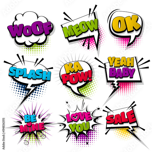 woof meow ok kapow sale love set hand drawn pictures effects template comics speech bubble halftone dot background pop art style. Comic dialog cloud, text pop-art. Conversation sketch explosion.