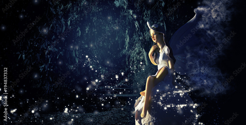 image of magical little fairy in the forest sitting over the stone.