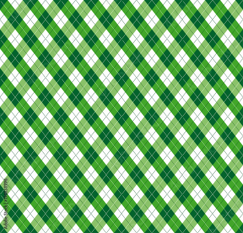 Festive Irish Tartan Diamond Seamless pattern for St Patrick's Day party wrapping paper, textile fabric print, wallpaper abstract background. Flat style vector illustration. Green and white colours