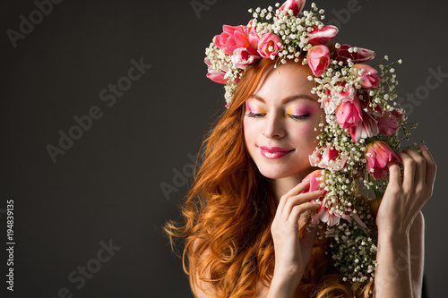  woman with wearing a wreath of tulips